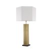 A luxurious golden table lamp with a white shade