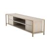 A gorgeous washed oak TV cabinet by Eichholtz finished with brushed brass details
