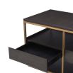 A fabulous dark brown tv unit with three drawers and brass frame accents