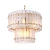 A luxurious, two-tiered Eichholtz chandelier with a frosted glass and brass finish