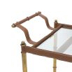 Two-tiered drinks trolley in a tan leather and antiqued brass finish.