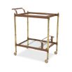 Two-tiered drinks trolley in a tan leather and antiqued brass finish.