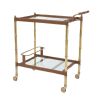 Two-tiered drinks trolley in a tan leather and antiqued brass finish.
