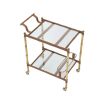 Two-tiered drinks trolley in a tan leather and antiqued brass finish.