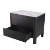 Elegant, modern bedside table with marble top and brass detail around the two drawers