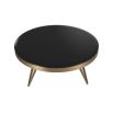 A luxury coffee table by Eichholtz with a bevelled black glass top and brushed brass finish 