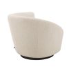 A stylish swivel chair with an asymmetric back upholstered in a natural linen fabric mounted on a black base 