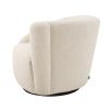 A stylish swivel chair with an asymmetric back upholstered in a natural linen fabric mounted on a black base 