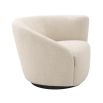 A stylish swivel chair with an asymmetric back upholstered in a natural linen fabric mounted on a black base 