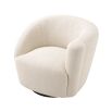 A stylish swivel chair with an asymmetric back upholstered in a natural linen fabric mounted on a black base 