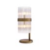 A retro-inspired table lamp with a clear, ribbed glass shade and an antique brass finish 