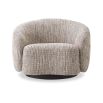 A rustic inspired swivel chair upholstered in a beige like fabric.