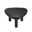 A rounded triangular coffee table with a charcoal veneer finish