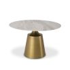 A glamorous Dining Table by Eichholtz with a round white ceramic marble top and tapered brushed brass base