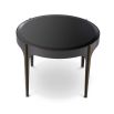 A gorgeous dark side table with a bevelled glass top with bronze and brass elements
