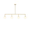 A stylish chandelier by Eichholtz with four white glass globes and an antique brass finish