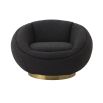 A luxurious swivel chair by Eichholtz with a curvaceous design, sumptuous boucle black upholstery and glamorous brushed brass base