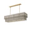 A rectangular, two-tier chandelier by Eichholtz with a contemporary twist on a classic design and an antique brass finish