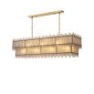 A rectangular, two-tier chandelier by Eichholtz with a contemporary twist on a classic design and an antique brass finish