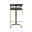 Art Deco inspired bar stool with a brushed brass frame and a grey velvet seat.