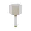 A glamorous side lamp by Eichholtz with an antique brass finish, octagonal alabaster body and linen mix lampshade