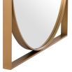 Art-deco inspired mirror with circular and straight brass finish frame.
