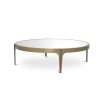 A chic, Mid-Century Modern coffee table with a beautiful brushed brass frame 