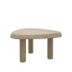 A rounded triangular coffee table with a natural veneer