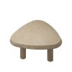 A rounded triangular coffee table with a natural veneer