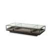 Illustrious, industrial-style coffee table with three pull out drawers and glass top