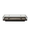 Illustrious, industrial-style coffee table with three pull out drawers and glass top