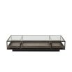 Illustrious, industrial-style coffee table with three pull out drawers and glass top