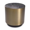 A contemporary side table with a grey marble top and brushed brass finish