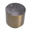 A contemporary side table with a grey marble top and brushed brass finish