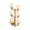 This chic lighting fixture exhibits a contemporary design featuring six tasteful and translucent alabaster shades and an alluring antique brass finish for added opulence.