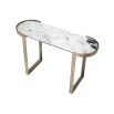 An Art-Deco inspired console table by Eichholtz with a white marble top and brushed brass finish
