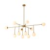chandelier with sleek brass-brushed iron bars and white glass shades