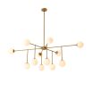 chandelier with sleek brass-brushed iron bars and white glass shades