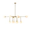 chandelier with sleek brass-brushed iron bars and white glass shades