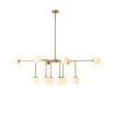 chandelier with sleek brass-brushed iron bars and white glass shades