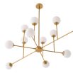 chandelier with sleek brass-brushed iron bars and white glass shades