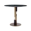 An opulent round dining table by Eichholtz with a green marble tabletop, brushed brass base and brown veneer details 
