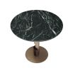 An opulent round dining table by Eichholtz with a green marble tabletop, brushed brass base and brown veneer details 