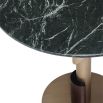 An opulent round dining table by Eichholtz with a green marble tabletop, brushed brass base and brown veneer details 