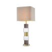 An elegant table lamp featuring a linen mix shade with a marble, crystal glass base and antique brass finish 