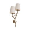 A luxury wall lamp by Eichholtz with a nature, branch inspired stem with a beautiful vintage brass finish and two off white shades