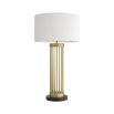 A luxury side lamp by Eichholtz with a black marble base, cylindrical antique brass frame and boucle lampshade