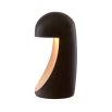 Strikingly modern table lamp with rounded black body and sweeping brass detail