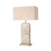 Enchanting boxy side lamp with travertine base and brass accents