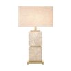 Enchanting boxy side lamp with travertine base and brass accents